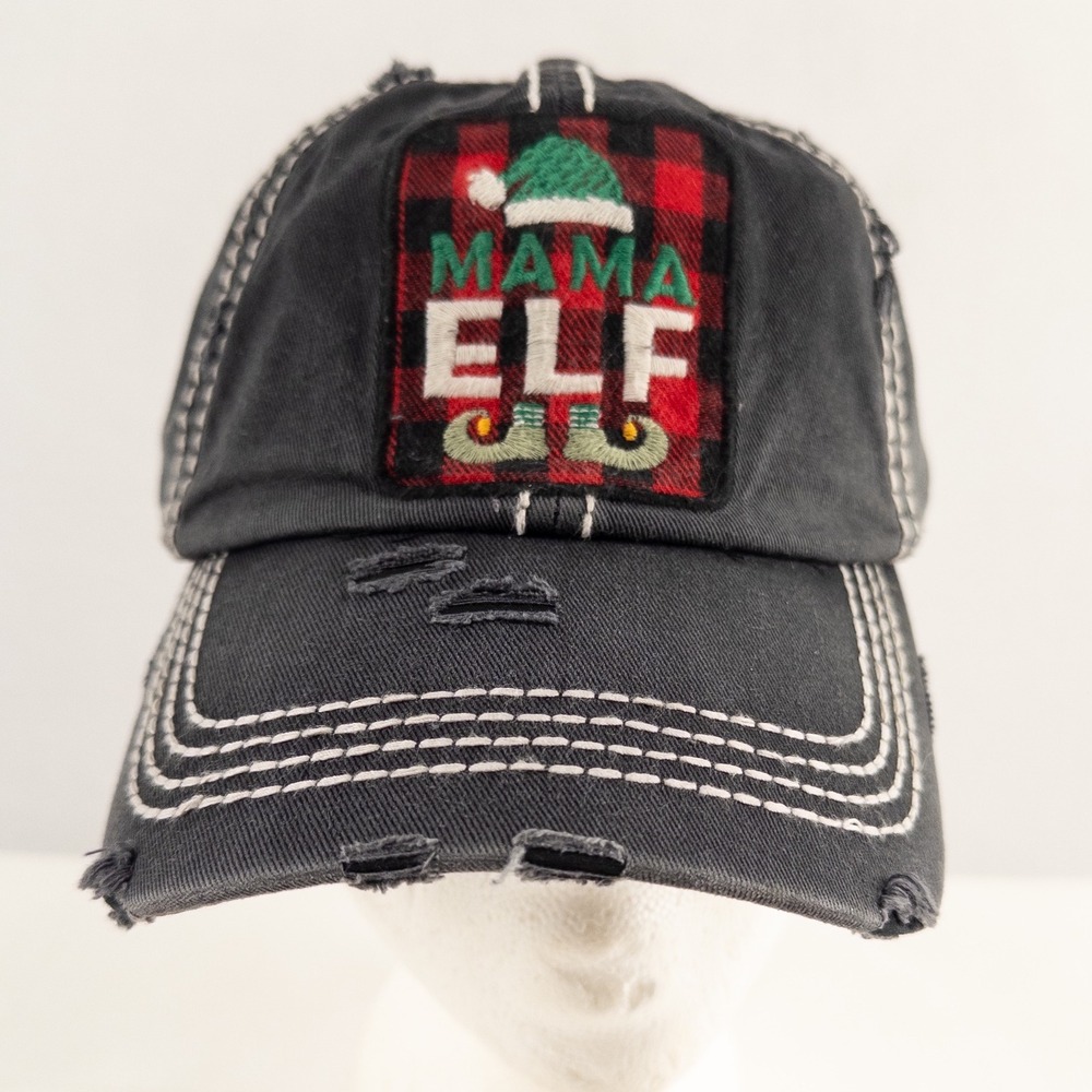 Mama Elf Hat Baseball Cap Embroidered Patch Christmas Holiday Distressed Cotton